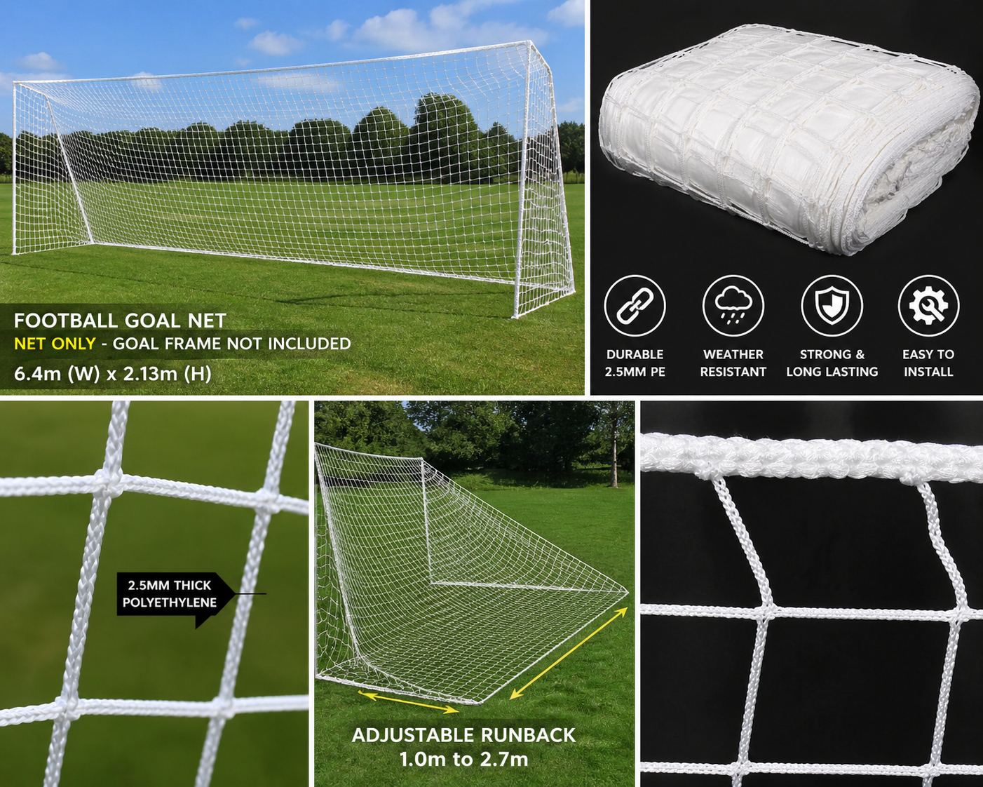 Heavy Duty Football Goal Net 6.4m x 2.13m – Premium Polyethylene Soccer Net Replacement – Adjustable Runback 1m–2.7m – Weatherproof Training & Match Net